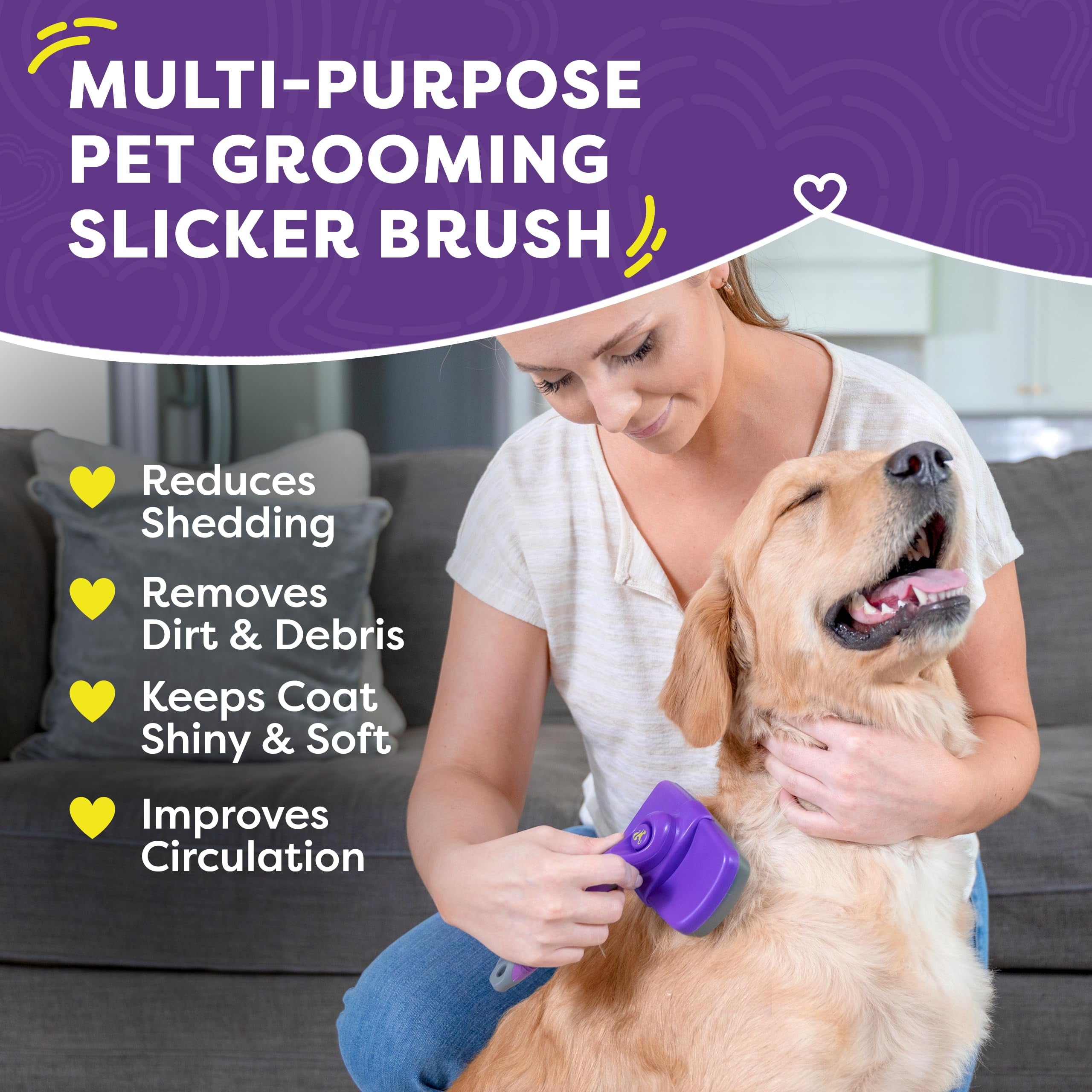 Self Cleaning Slicker Brush for Dogs and Cats - Pet Hair Brush for Shedding Long and Short Hair - Easy Clean Retractable Bristles - Cat and Dog Grooming Tool - Purple